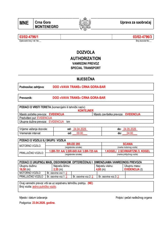 VAVA TRANS 03-02-4796-maj-mjesečna