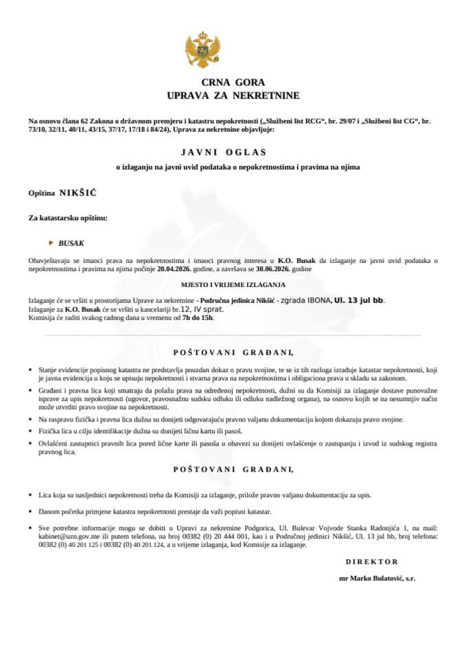 Javni oglas Busak 20.04.2026