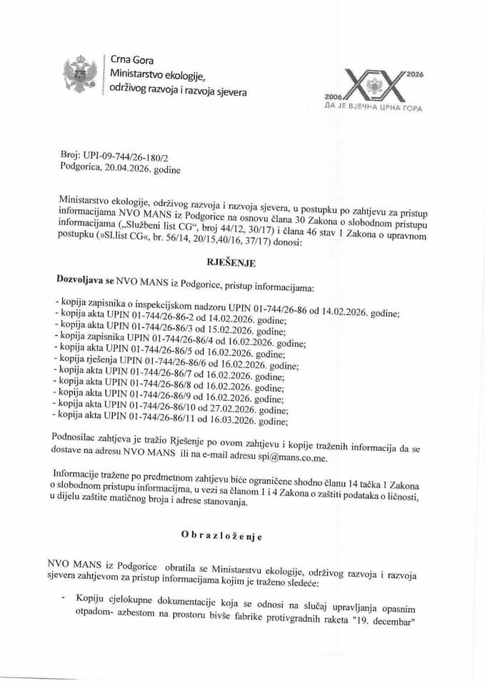 Rješenje MANS  br. UPI-09-744-26-180-2 od 20.04.2026