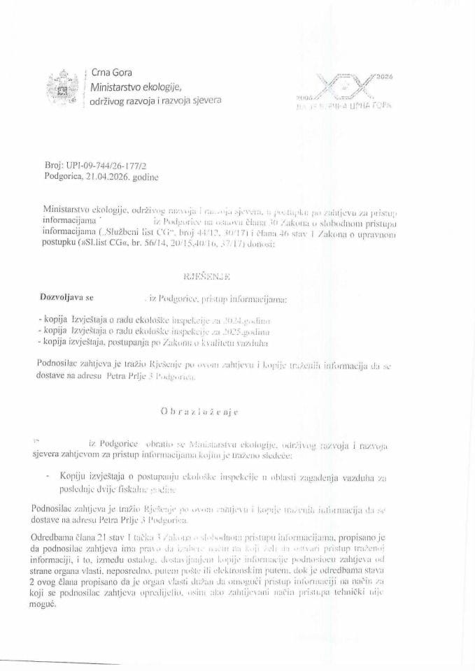 Rješenje br. UPI-09-744-26-177-2 od 21.04.2026