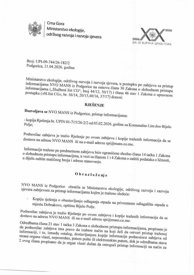 Rješenje MANS  br. UPI-09-744-26-182-2 od 21.04.2026