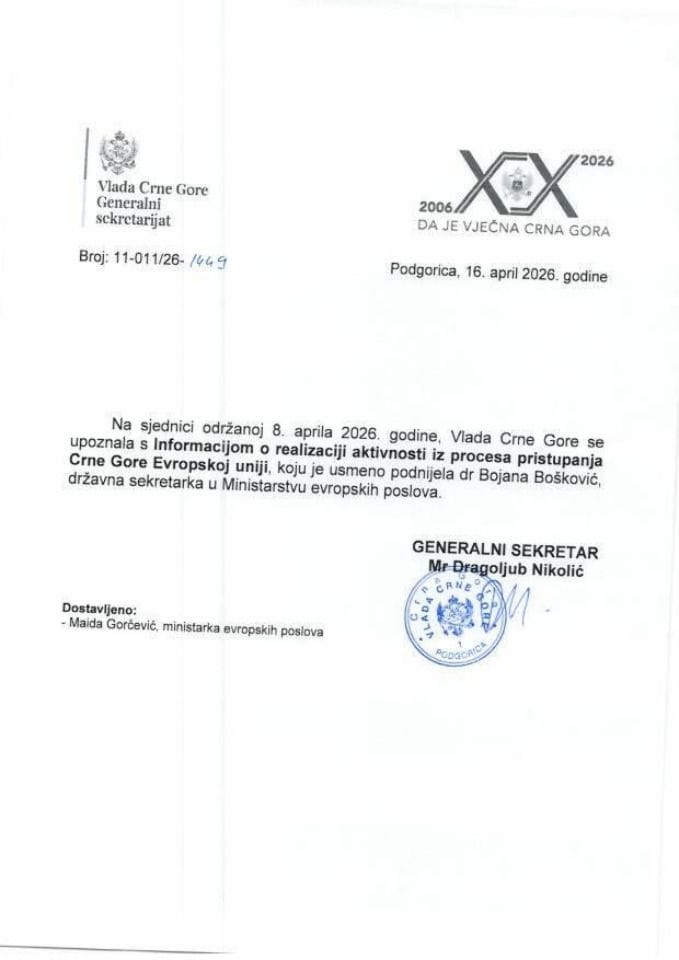 Усмена информација о реализацији активности из процеса приступања Црне Горе Европској унији - закључци