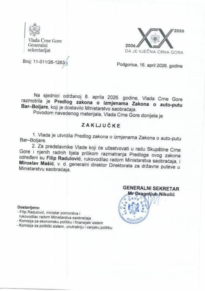 Predlog zakona o izmjenama Zakona o autoputu Bar-Boljare - zaključci