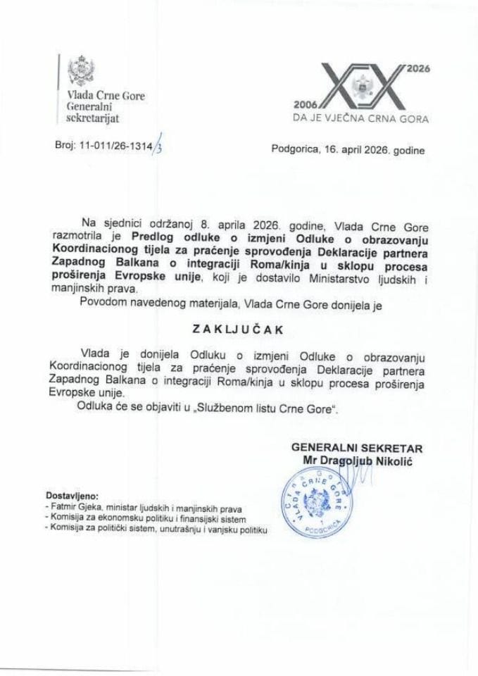 Predlog odluke o izmjeni Odluke o obrazovanju Koordinacionog tijela za praćenje sprovođenja Deklaracije partnera Zapadnog Balkana o integraciji Roma/kinja u sklopu procesa proširenja Evropske unije - zaključci