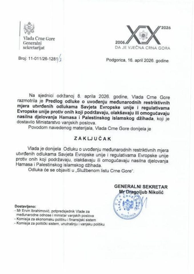 Predlog odluke o uvođenju međunarodnih restriktivnih mjera utvrđenih odlukama Savjeta Evropske unije i regulativama EU protiv onih koji podržavaju, olakšavaju ili omogućavaju nasilna djelovanja Hamasa i Palestinskog islamskog džihada - zaključci