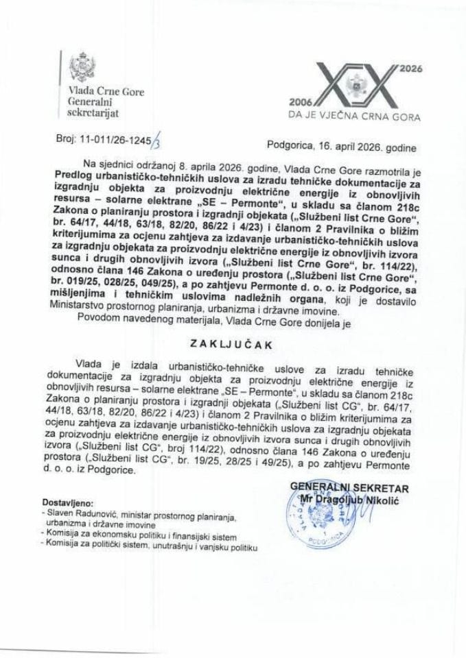 Predlog urbanističko-tehničkih uslova za izradu tehničke dokumentacije za izgradnju objekta za proizvodnju električne energije iz obnovljivih resursa - solarne elektrane „SE - Permonte“ - zaključci