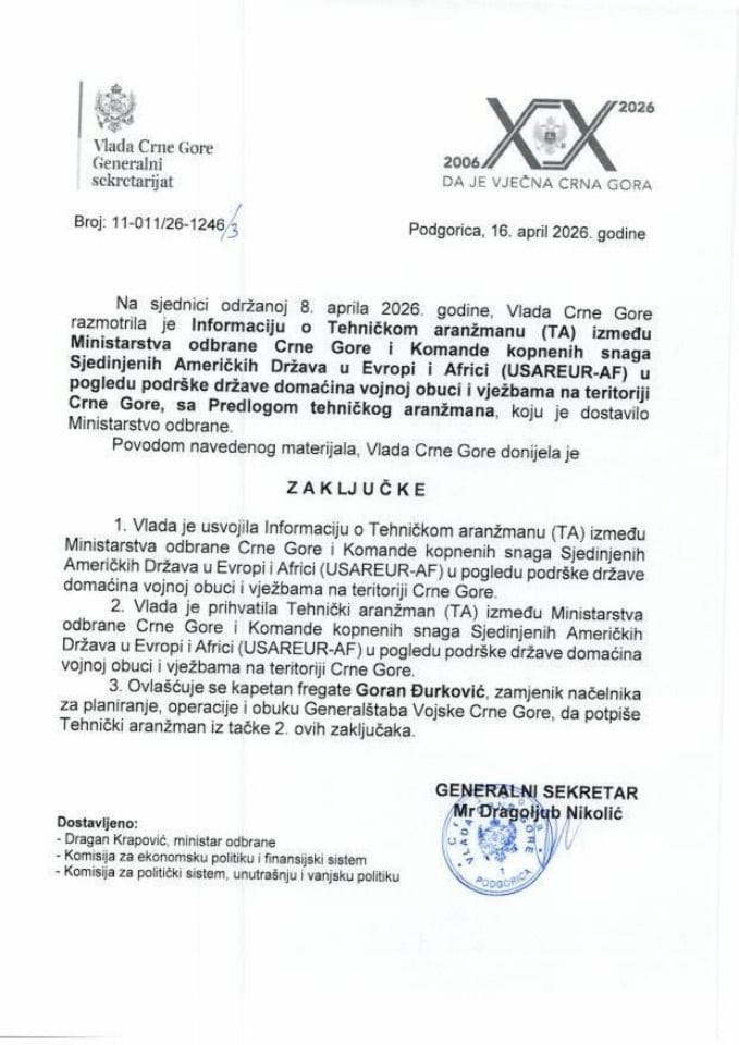 Информација о Техничком аранжману (ТА) између Министарства одбране ЦГ и Команде копнених снага Сједињених Америчких Држава у Европи и Африци (USAREUR-AF) у погледу подршке државе домаћина војној обуци и вјежбама на територији Црне Горе - закључци