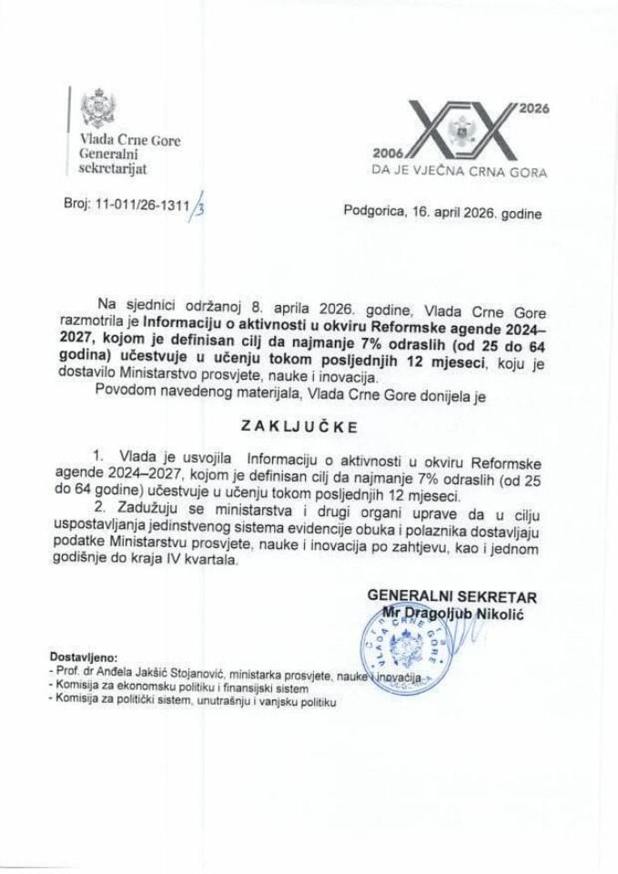 Informacija o aktivnosti u okviru Reformske agende 2024-2027, kojom je definisan cilj da najmanje 7% odraslih (od 25 do 64 godina) učestvuje u učenju tokom posljednjih 12 mjeseci - zaključci