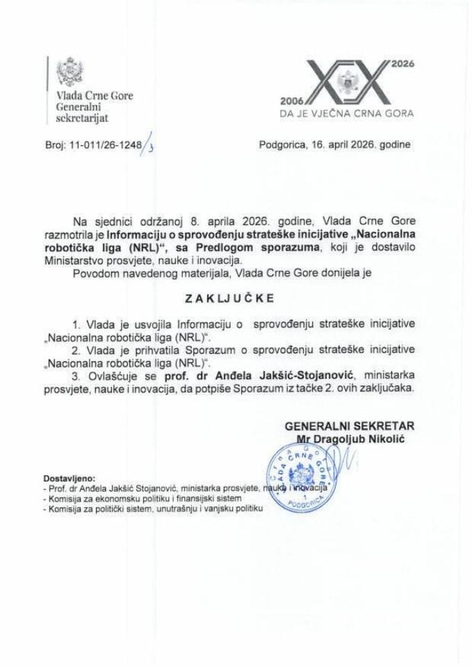 Informacija o sprovođenju strateške inicijative „Nacionalna robotička liga (NRL)“ sa Predlogom sporazuma - zaključci