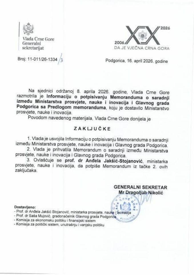 Informacija o potpisivanju Memoranduma o saradnji između Ministarstva prosvjete, nauke i inovacija i Glavnog grada Podgorica sa Predlogom memoranduma - zaključci