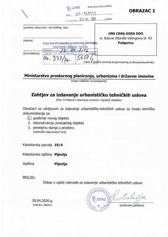 Zahtjevi za izdavanje urbanističko tehničkih uslova - 04-332-26-5657-1 ONE CRNA GORA