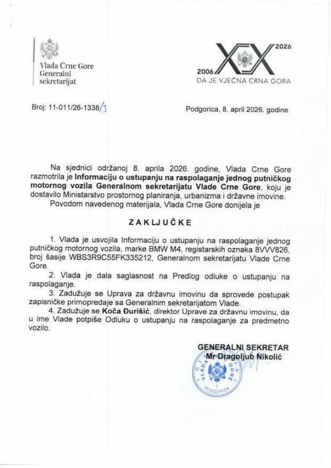Informacija o ustupanju na raspolaganje jednog putničkog motornog vozila Generalnom sekretarijatu Vlade Crne Gore - zaključci