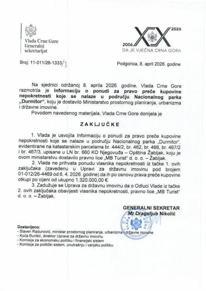 Informacija o ponudi za pravo preče kupovine nepokretnosti koje se nalaze u području Nacionalnog parka „Durmitor“ - zaključci