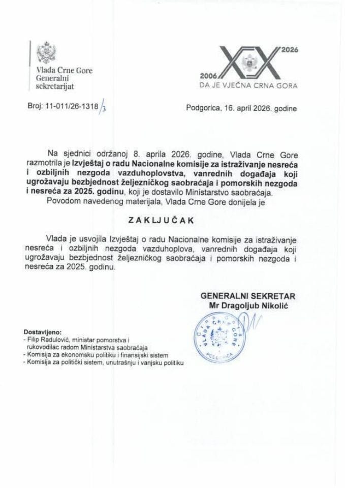 Izvještaj o radu Nacionalne komisije za istraživanje nesreća i ozbiljnih nezgoda vazduhoplovstva, vanrednih događaja koji ugrožavaju bezbjednost željezničkog saobraćaja i pomorskih nezgoda i nesreća, za 2025. godinu - zaključci
