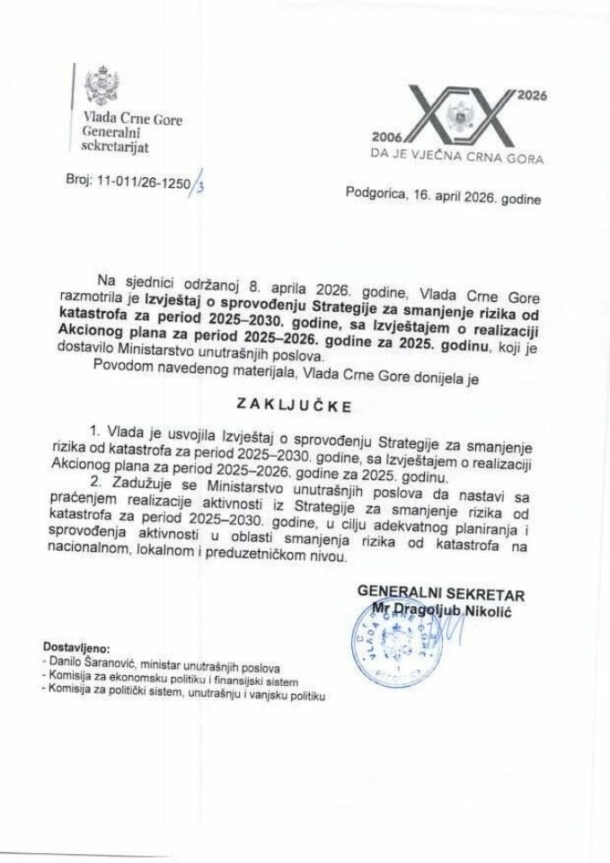 Izvještaj o sprovođenju Strategije za smanjenje rizika od katastrofa za period 2025–2030. godine sa Izvještajem o realizaciji Akcionog plana za period 2025–2026. godine, za 2025. godinu - zaključci