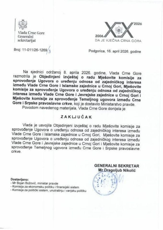 Objedinjeni izvještaj o radu Mješovite komisije za sprovođenje Ugovora o uređenju odnosa od zajedničkog interesa između Vlade Crne Gore i Islamske zajednice u Crnoj Gori... - zaključci