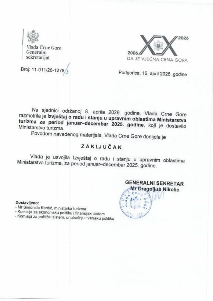 Izvještaj o radu i stanju u upravnim oblastima Ministarstva turizma, za period januar - decembar 2025. godine - zaključci