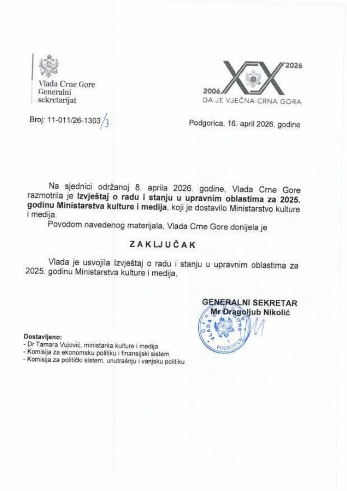 Izvještaj o radu i stanju u upravnim oblastima Ministartsva kulture i medija za 2025. godinu - zaključci
