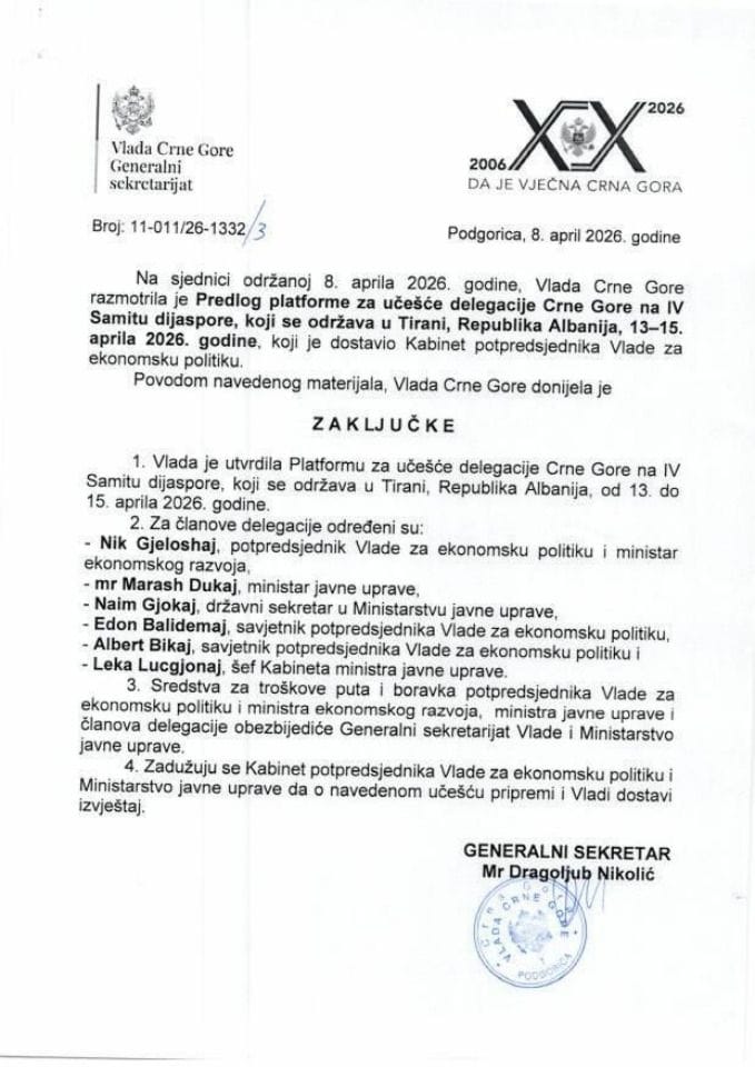 Predlog platforme za učešće delegacije Crne Gore na IV Samitu dijaspore koji se održava u Tirani, Republika Albanija, 13- 15. aprila 2026. godine - zaključci