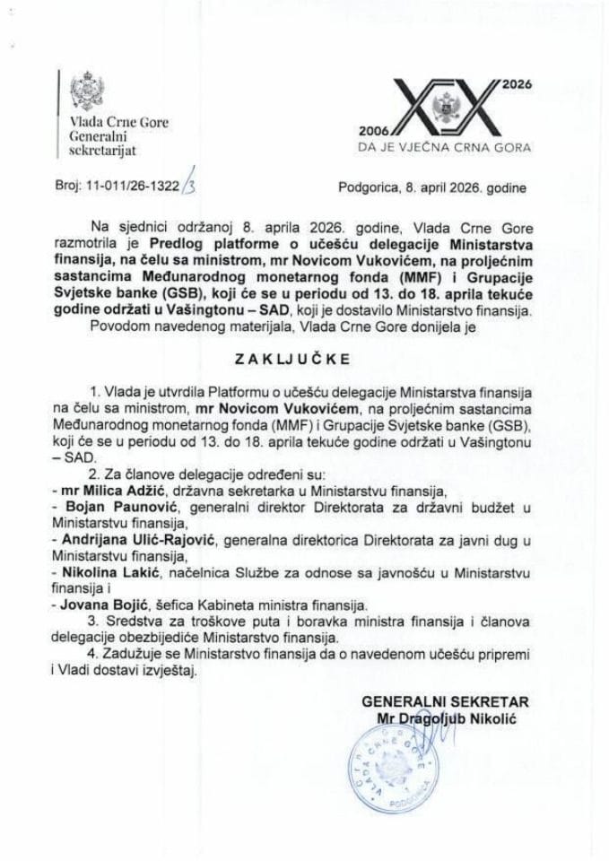 Predlog platforme o učešću delegacije Ministarstva finansija, na čelu sa ministrom mr Novicom Vukovićem, na Proljećnim sastancima Međunarodnog monetarnog fonda (MMF) i Grupacije Svjetske banke (GSB) u Vašingtonu - zaključci