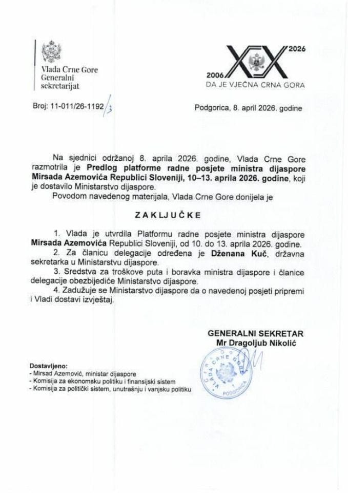 Predlog platforme radne posjete ministra dijaspore Mirsada Azemovića Republici Sloveniji, 10-13. aprila 2026. godine - zaključci