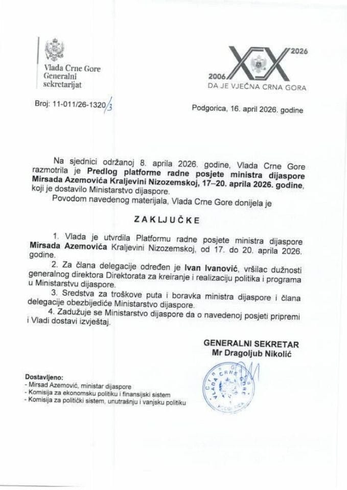 Predlog platforme radne posjete ministra dijaspore Mirsada Azemovića Kraljevini Nizozemskoj, 17-20. aprila 2026. godine - zaključci