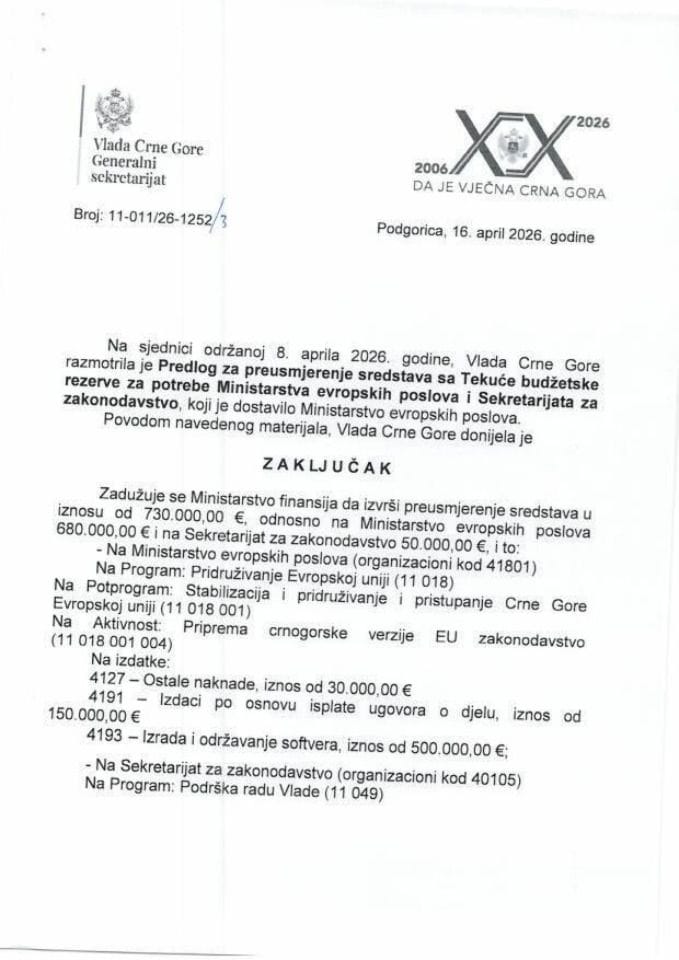 Predlog za preusmjerenje sredstava sa Tekuće budžetske rezerve za potrebe Ministartsva evropskih poslova i Sekretarijata za zakonodavstvo - zaključci