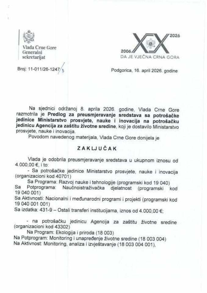 Predlog za preusmjeravanje sredstava sa potrošačke jedinice Ministarstvo prosvjete, nauke i inovacija na potrošačku jedinicu Agencija za zaštitu životne sredine - zaključci