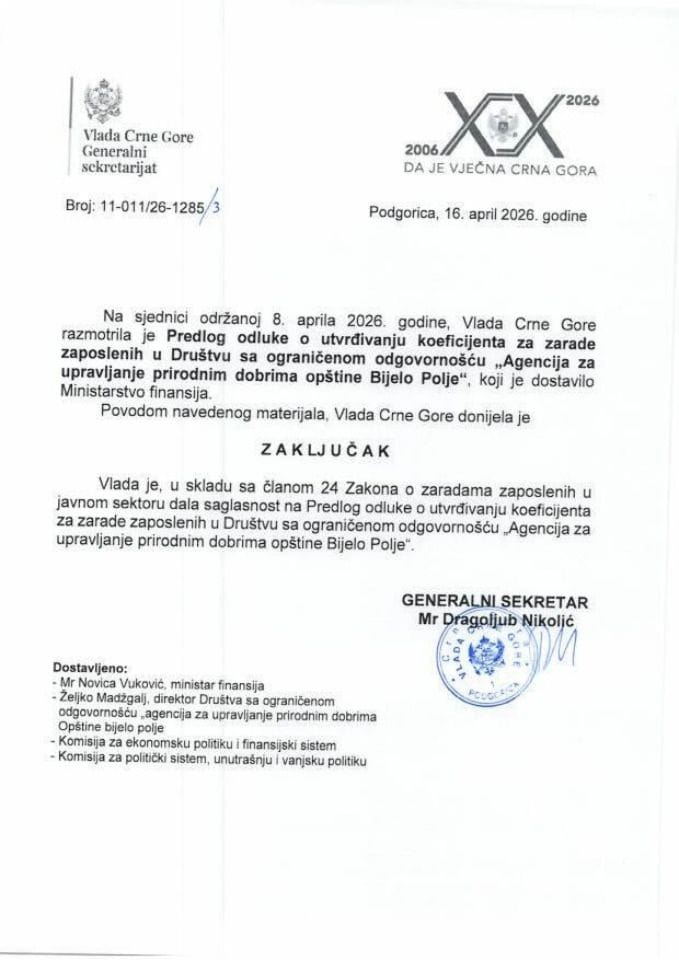 Predlog odluke o utvrđivanju koeficijenata za zarade zaposlenih u Društvu sa ograničenom odgovornošću „Agencija za upravljanje prirodnim dobrima opštine Bijelo Polje“ - zaključci