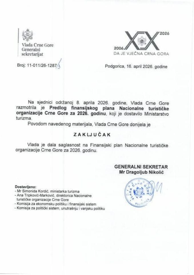 Predlog finansijskog plana Nacionalne turističke organizacije Crne Gore za 2026. godinu - zaključci