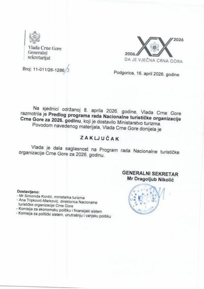 Предлог програма рада Националне туристичке организације Црне Горе за 2026. годину - закључци