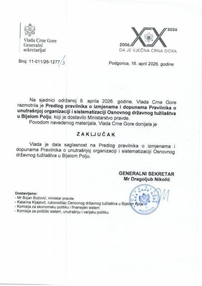 Predlog pravilnika o izmjenama i dopunama Pravilnika o unutrašnjoj organizaciji i sistematizaciji Osnovnog državnog tužilaštva u Bijelom Polju - zaključci
