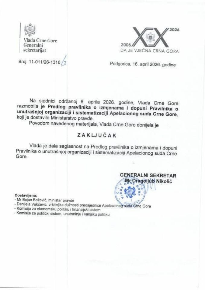 Predlog pravilnika o izmjenama i dopuni Pravilnika o unutrašnjoj organizaciji i sistematizaciji Apelacionog suda Crne Gore - zaključci