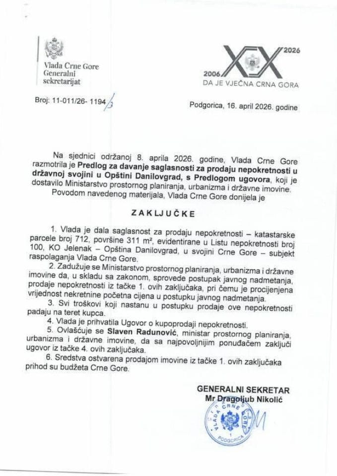Predlog za davanje saglasnosti za prodaju nepokretnosti u državnoj svojini u Opštini Danilovgrad s Predlogom ugovora - zaključci