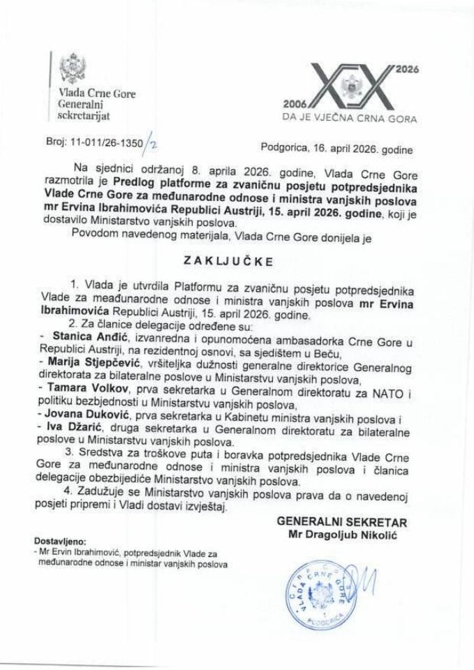 Predlog platforme za zvaničnu posjetu potpredsjednika Vlade Crne Gore za međunarodne odnose i ministra vanjskih poslova mr Ervina Ibrahimovića Republici Austriji, 15. april 2026. godine - zaključci