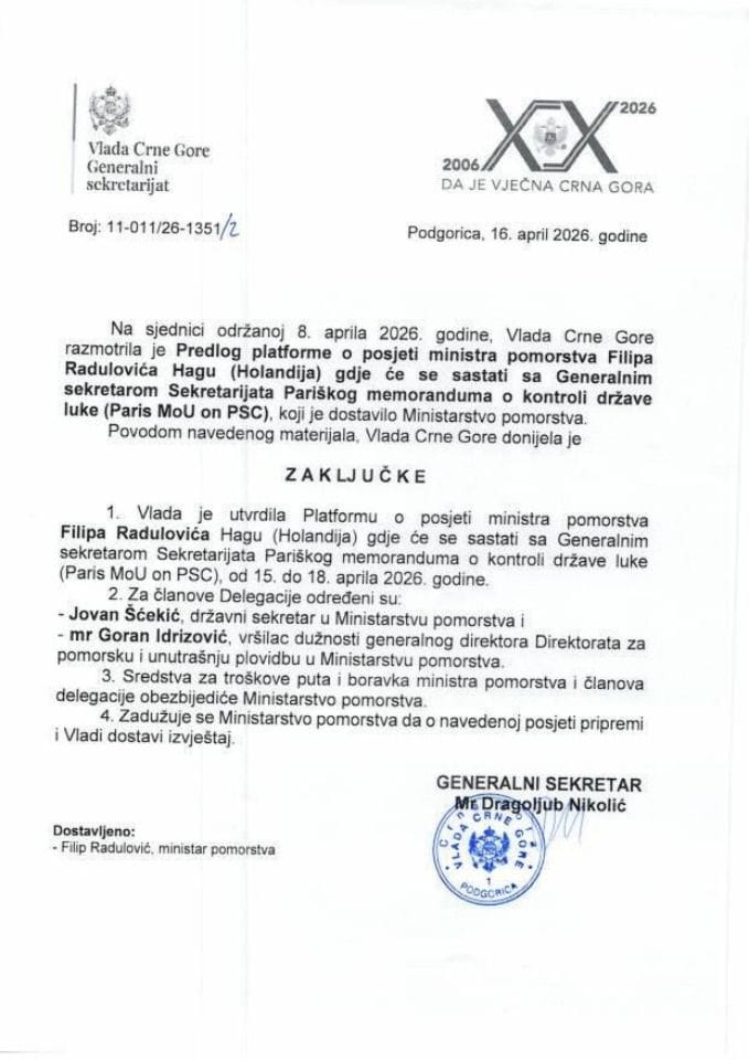 Predlog platforme o posjeti ministra pomorstva Filipa Radulovića Hagu (Holandija) gdje će se sastati sa generalnim sekretarom Sekretarijata Pariškog memoranduma o kontroli države luke (Paris MoU on PSC) - zaključci