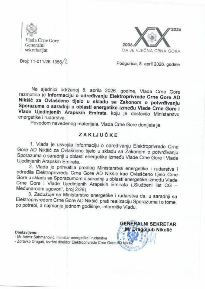 Informacija o određivanju Elektroprivrede Crne Gore AD Nikšić za Ovlašćeno tijelo u skladu sa Zakonom o potvrđivanju Sporazuma o saradnji u oblasti energetike između Vlade Crne Gore i Vlade Ujedinjenih Arapskih Emirata - zaključci