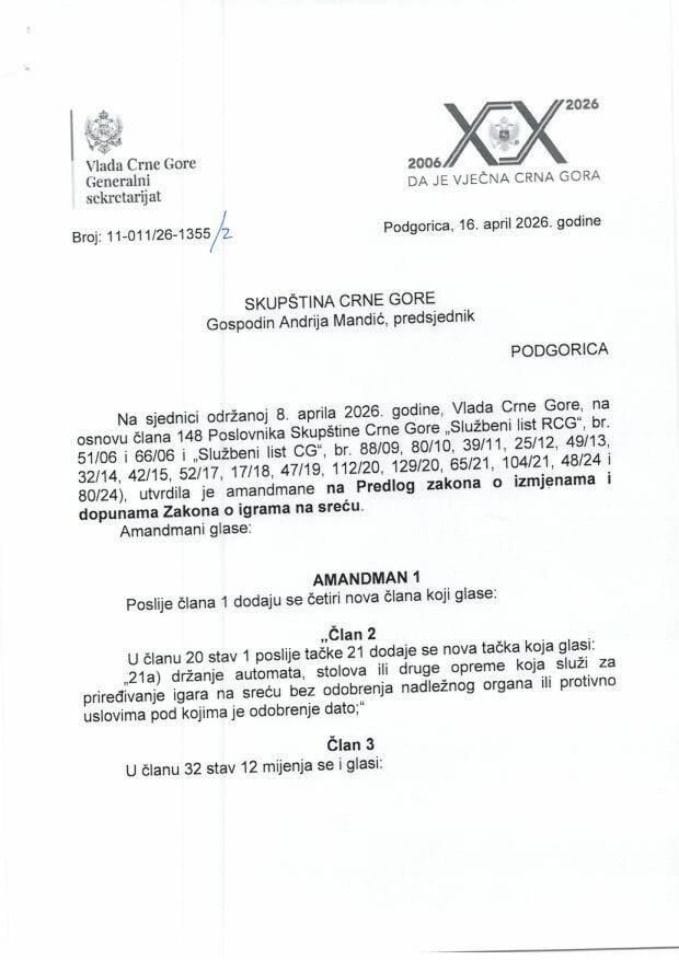 Predlog amandmana na Predlog zakona o izmjenama i dopunama Zakona o igrama na sreću - zaključci