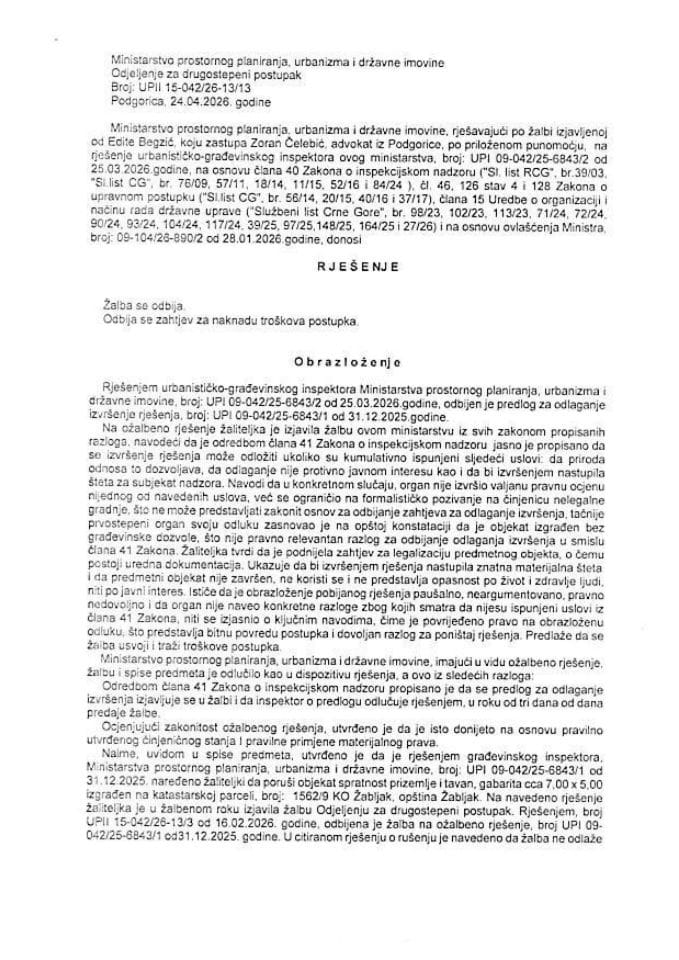 Drugostepena rješenja - UPII 15-042-26-13-13 EDITA BEGZIĆ