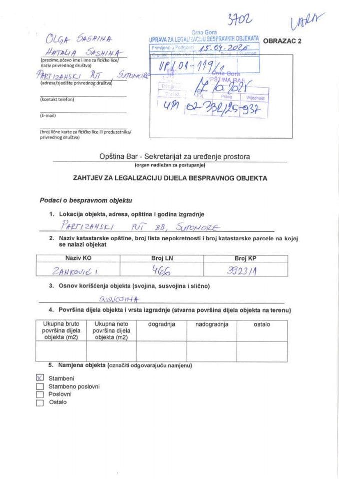 Zahtjevi za legalizaciju bespravnih objekata - UP 01-119-1 od 15.04.2026.