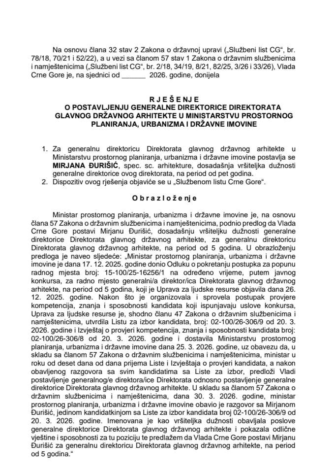 Predlog za postavljenje generalne direktorice Direktorata glavnog državnog arhitekte u Ministarstvu prostornog planiranja, urbanizma i državne imovine
