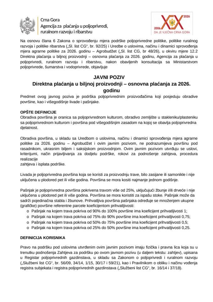 Javni poziv - 12.2 Direktna plaćanja u biljnoj proizvodnji – osnovna plaćanja