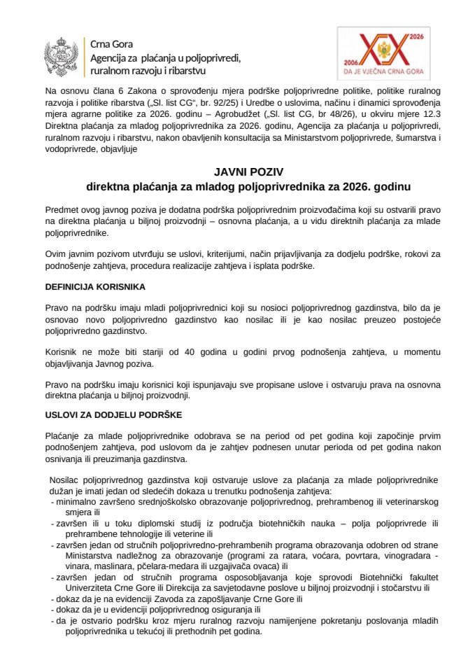 Javni poziv - 12.3 Direktna plaćanja za mladog poljoprivrednika