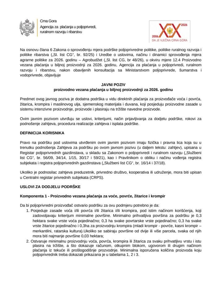 Javni poziv - 12.4 Proizvodno vezana plaćanja u biljnoj proizvodnji