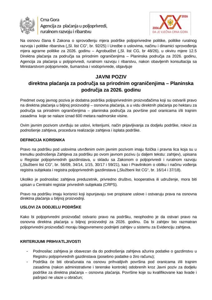 Javni poziv - 12.5 Direktna plaćanja za područja sa prirodnim ograničenjima – Planinska područja
