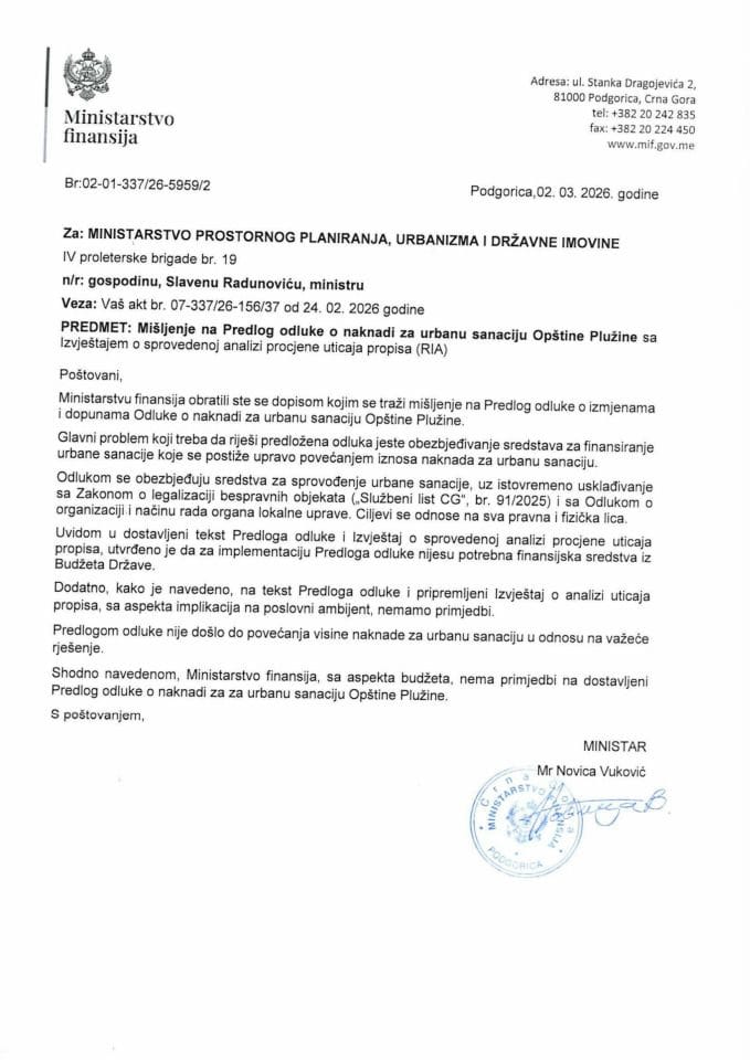 Mišljenje na Predlog Odluke o naknadi za urbanu sanaciju Opštine Plužine