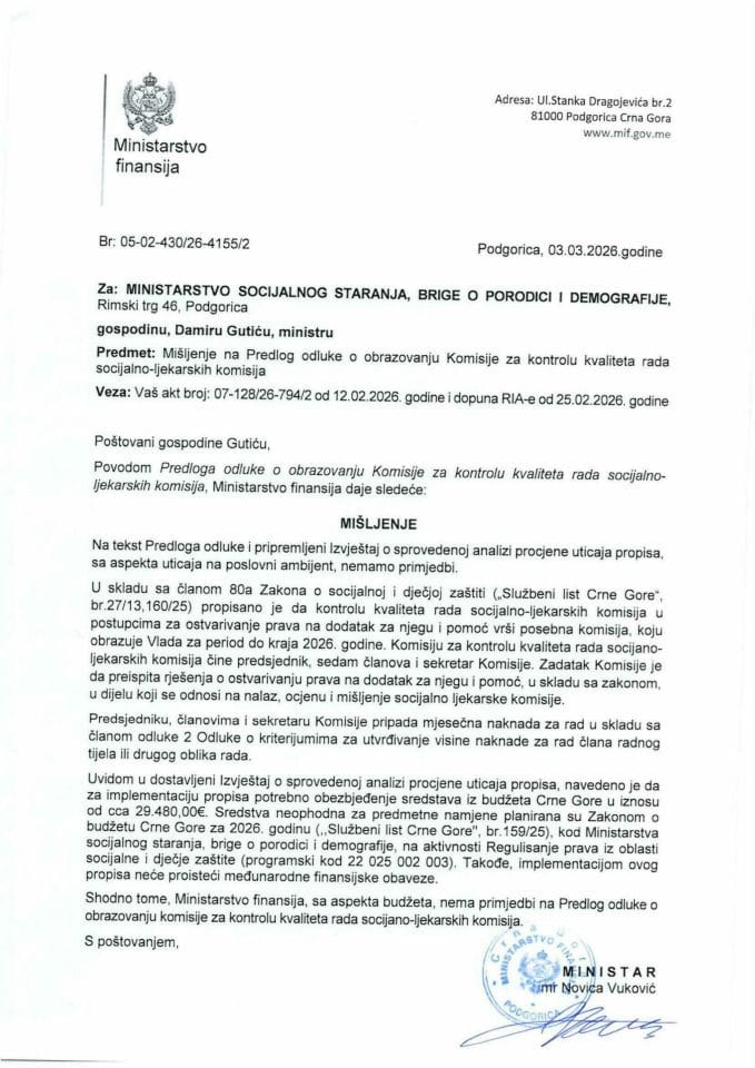 Mišljenje na Predlog odluke o obrazovanju Komisije za kontrolu kvaliteta rada socijalno-ljekarskih komisija