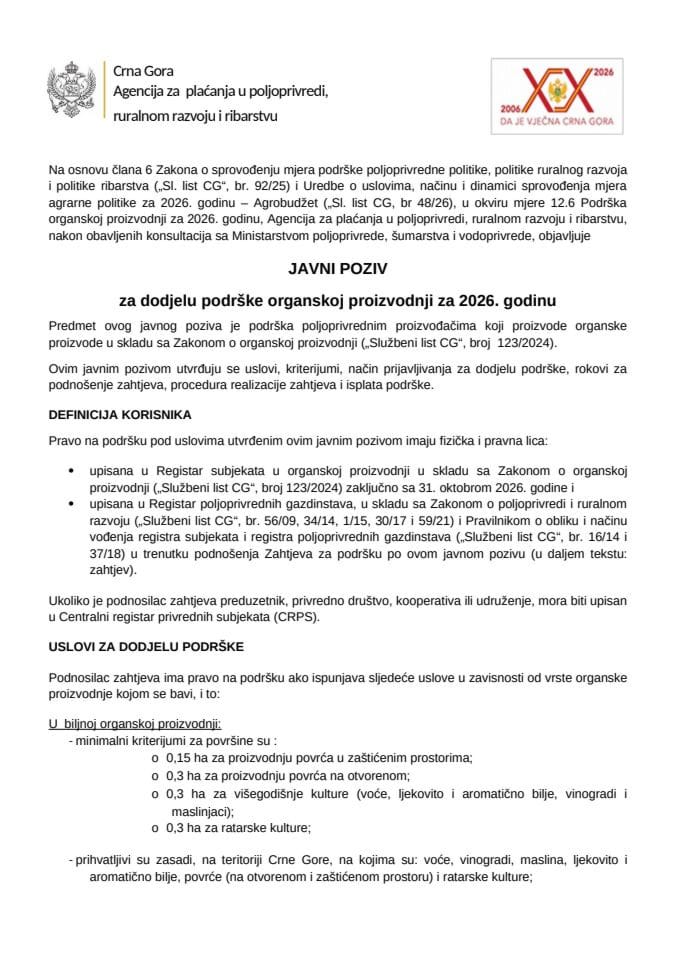 Javni poziv - 12.6 Podrška organskoj proizvodnji za 2026. godinu
