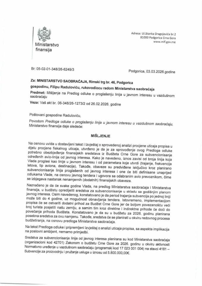 Mišljenje na Predlog odluke o proglašenju linija u javnom interesu u vazdušnom saobraćaju