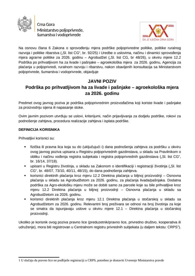 Javni poziv - 12.7 Podrška po ha za livade i pašnjake, agroekološka 2026